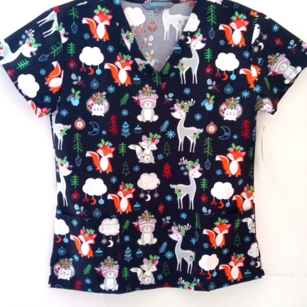 SERENE BLACK V-NECK SHORT SLEEVE TWO POCKET MEDICAL SCRUB TOP SIZE MEDIUM NWT